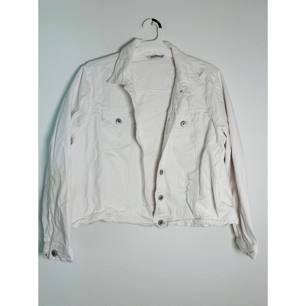Highway Premium Denim White Distressed Trucker Jacket Plus Size 1X Womens